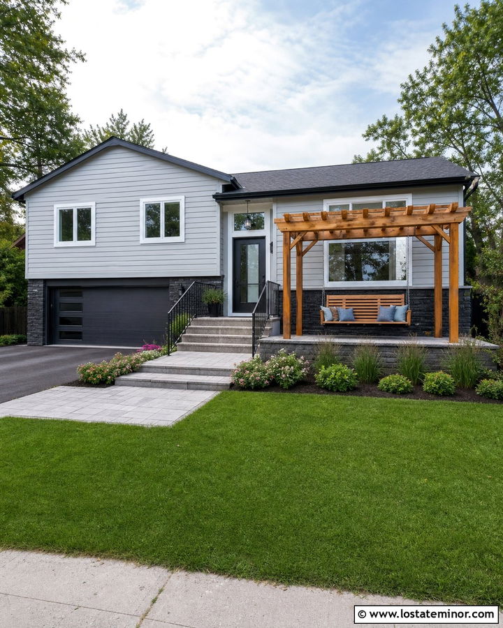 Light Grey Split Level With Pergola Swing - 30 Light Grey House Design With Swing Ideas