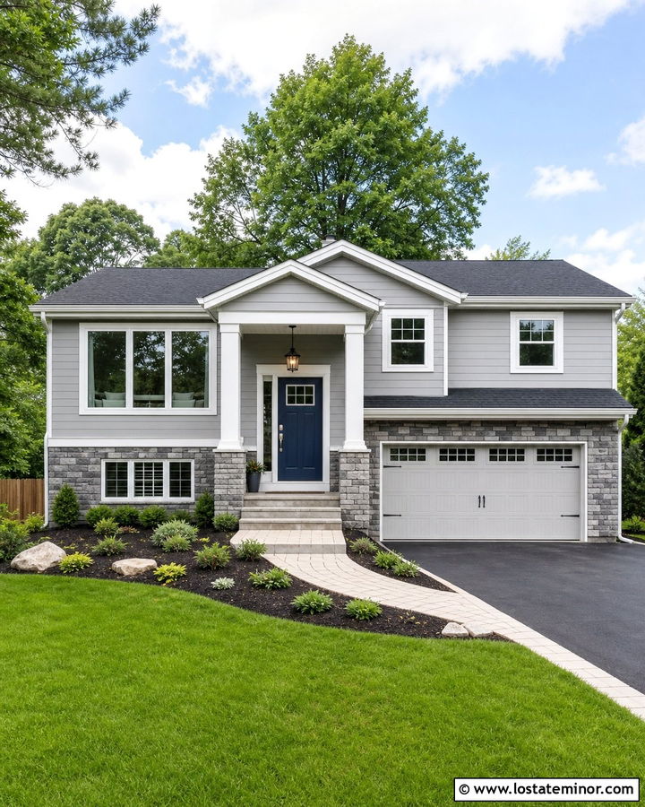 Light Grey Split Level With Simple Porch Columns - 30 Light Grey House Design With Porch Columns Ideas