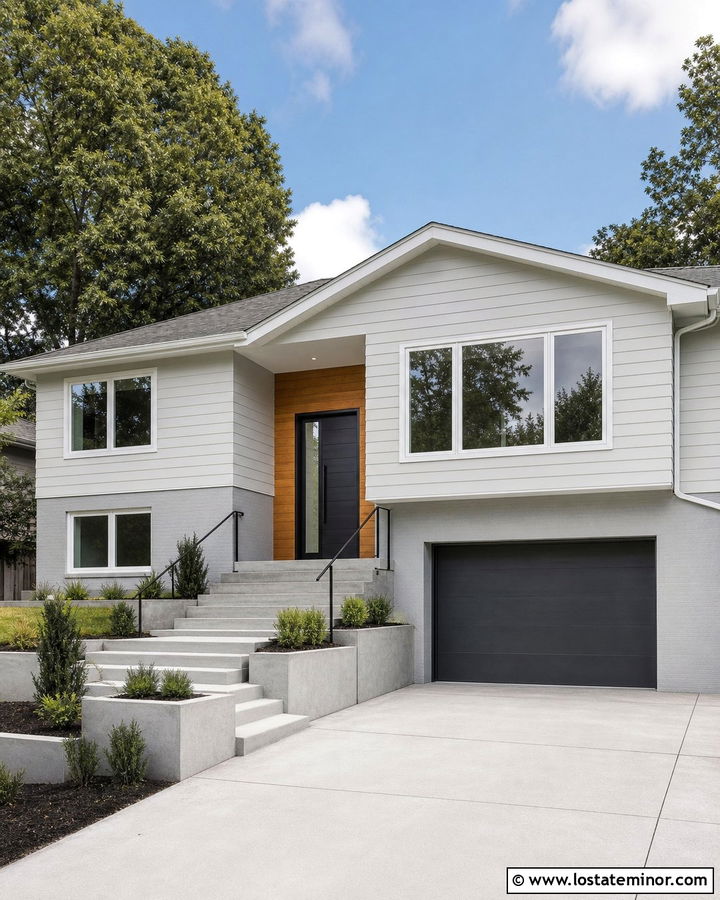 Light Grey Split Level With White Windows - 30 Light Grey House Design With Window Frames Ideas