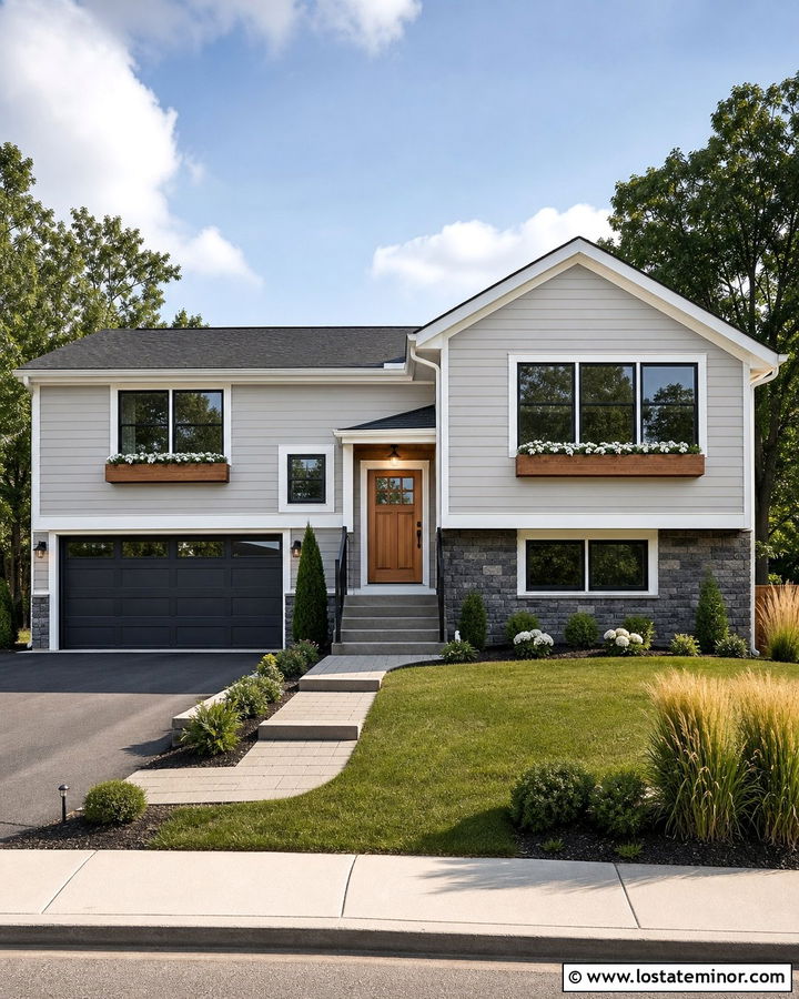 Light Grey Split Level With Wood Window Boxes - 30 Light Grey House Design With Window Boxes Ideas