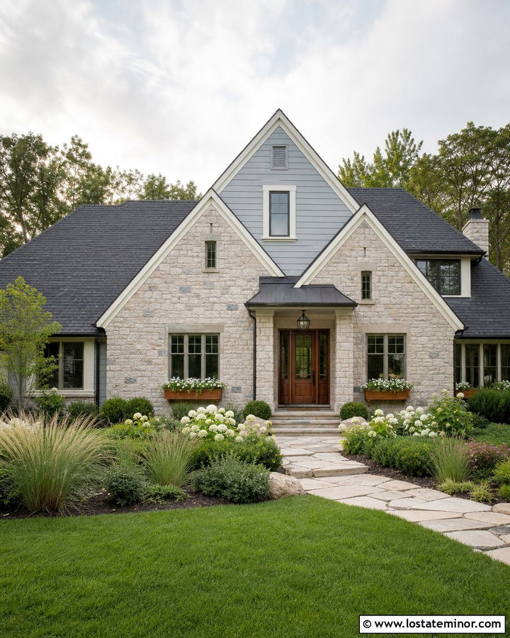 Light Grey Stone House With Cedar Window Boxes - 30 Light Grey House Design With Window Boxes Ideas