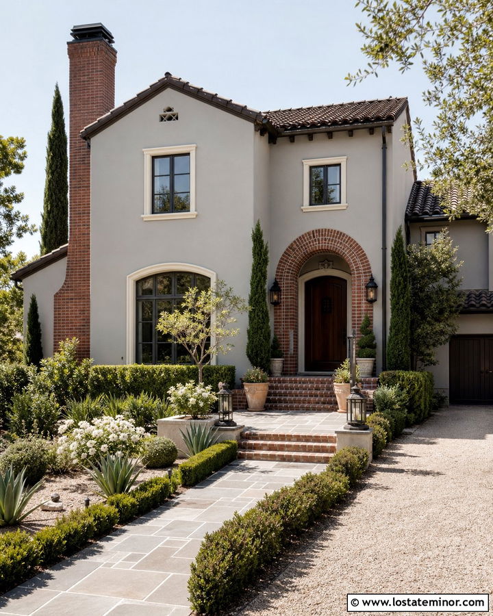 Light Grey Stucco House With Brick Chimney - 30 Light Grey House Design With Brick Accents Ideas