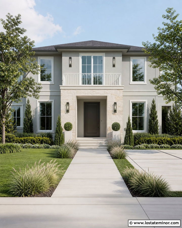 Light Grey Stucco House With White Metal Railings - 30 Light Grey House Design With Railings Ideas