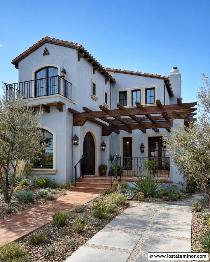 Light Grey Stucco House With Wood Pergola - 30 Light Grey House Design With Pergola Ideas