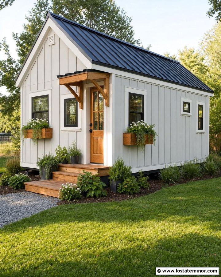 Light Grey Tiny House With Wood Window Boxes - 30 Light Grey House Design With Window Boxes Ideas