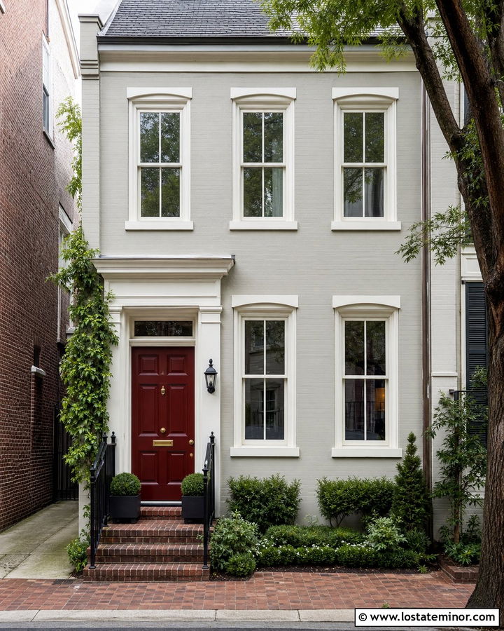 Light Grey Townhouse With Cranberry Front Door - 30 Light Grey House Design With Front Door Ideas