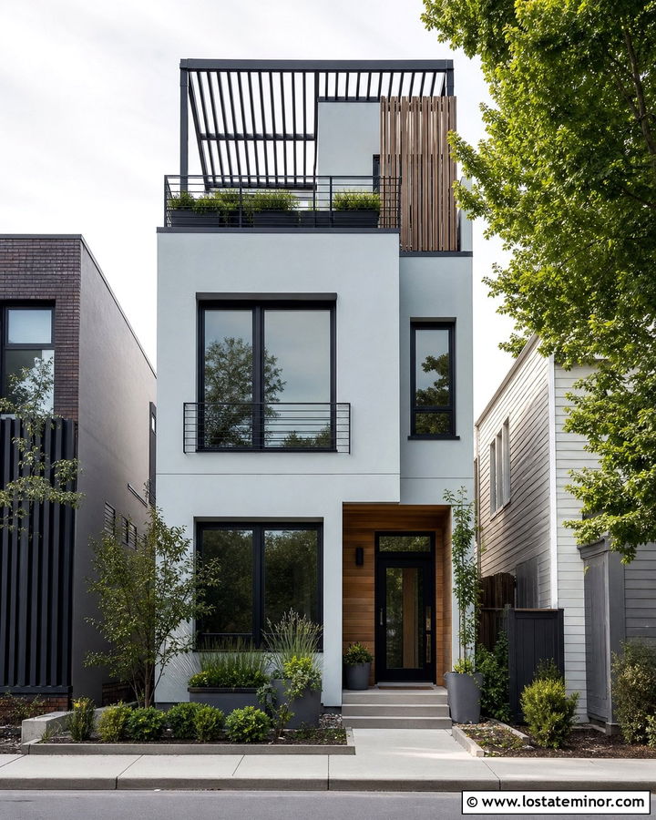 Light Grey Townhouse With Rooftop Pergola - 30 Light Grey House Design With Pergola Ideas