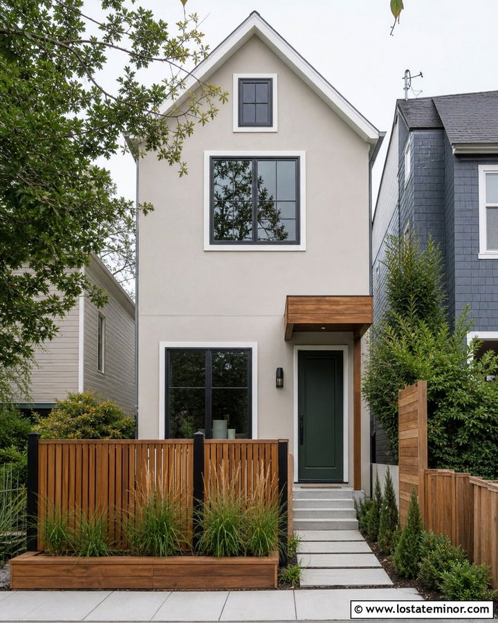 Light Grey Townhouse With Slatted Privacy Fence - 30 Light Grey House Design With Fence Ideas