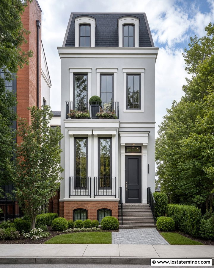 Light Grey Townhouse With Slim Black Railings - 30 Light Grey House Design With Railings Ideas