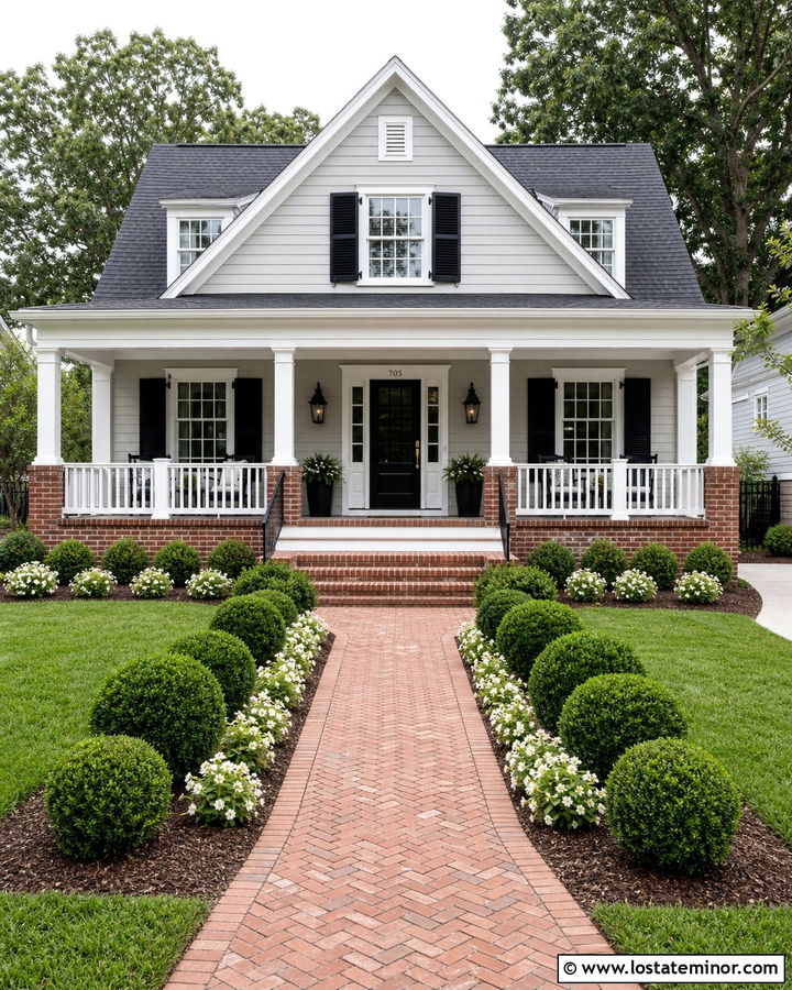 Light Grey Traditional House With Brick Front Porch - 30 Light Grey House Design With Front Porch Ideas