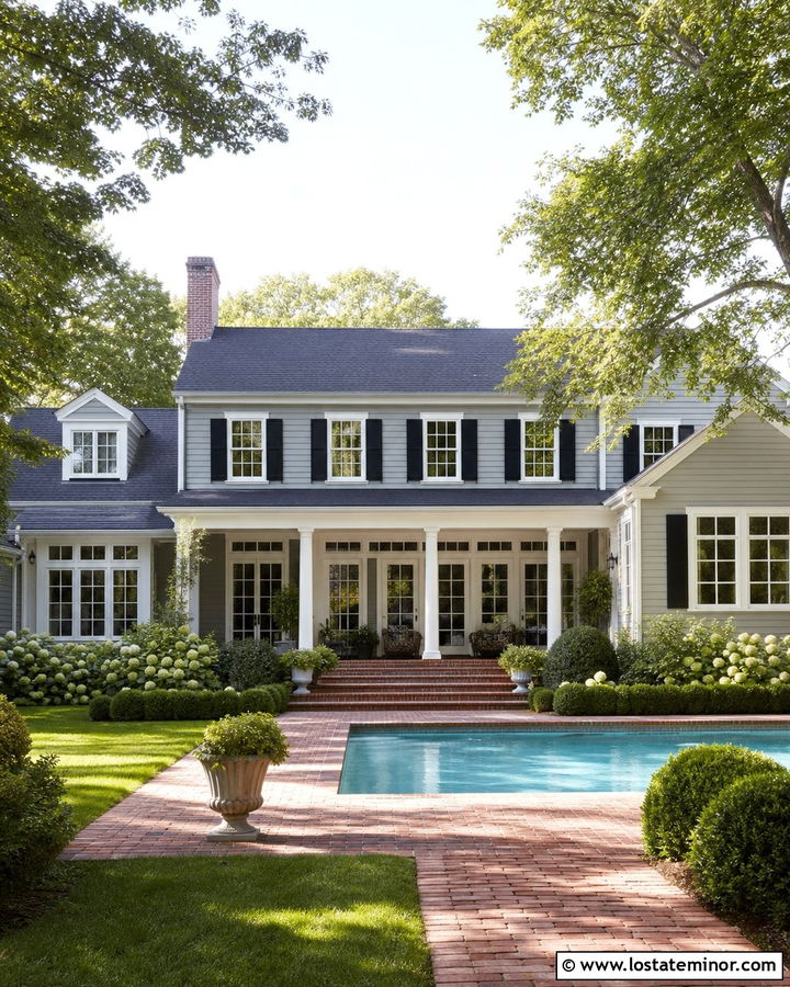 Light Grey Traditional House With Brick Pool Patio - 30 Light Grey House Design With Swimming Pool Ideas