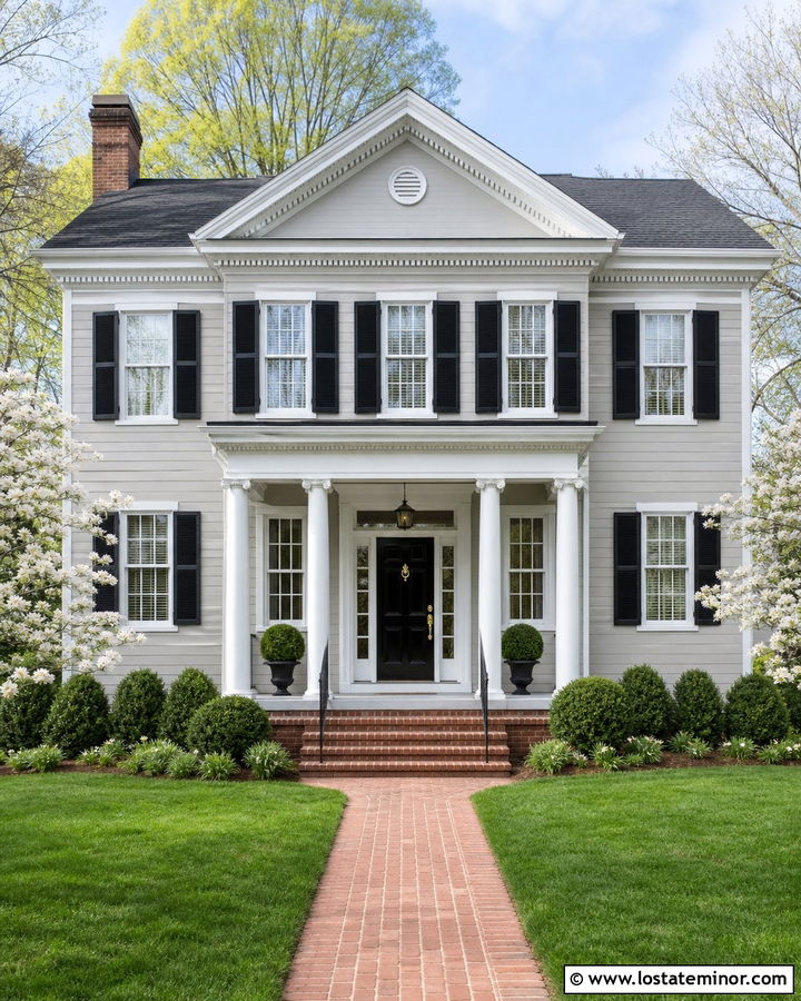 Light Grey Traditional House With Gable Pediments - 30 Light Grey House Design With Gables Ideas