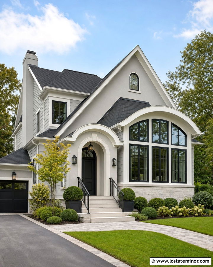Light Grey Transitional House With Arched Sunroom - 30 Light Grey House Design With Sunroom Ideas