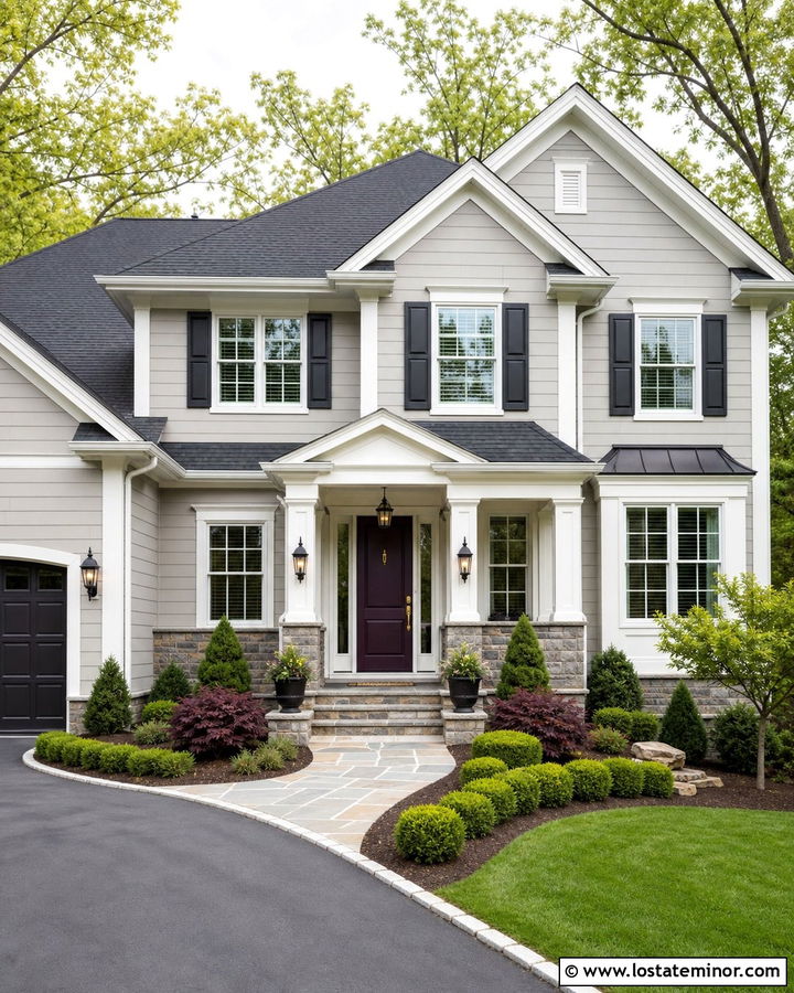 Light Grey Transitional House With Eggplant Door - 30 Light Grey House Design With Front Door Ideas