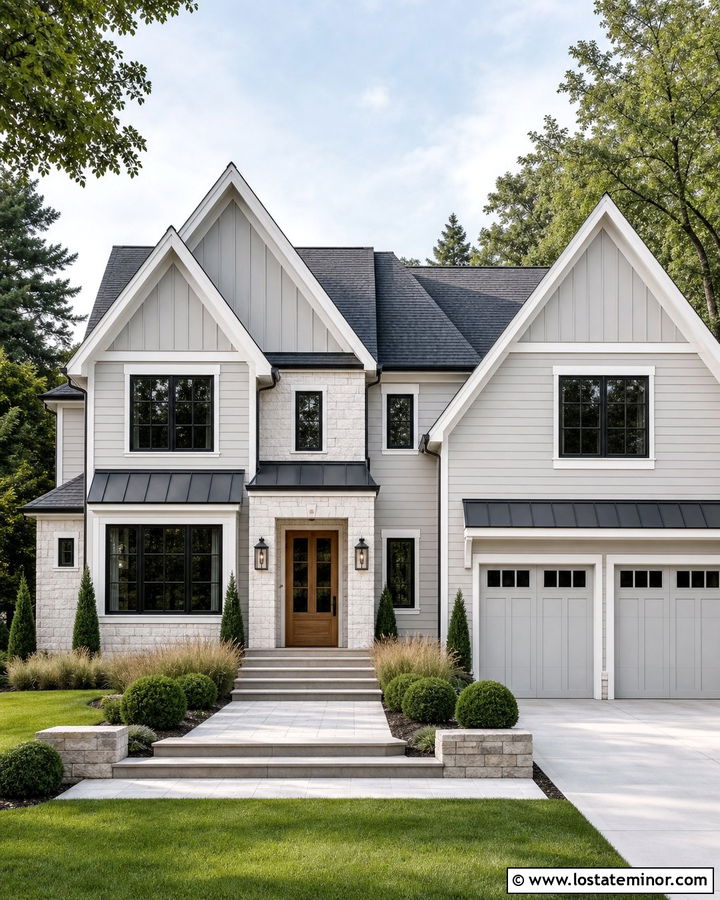 Light Grey Transitional House With Layered Gables - 30 Light Grey House Design With Gables Ideas