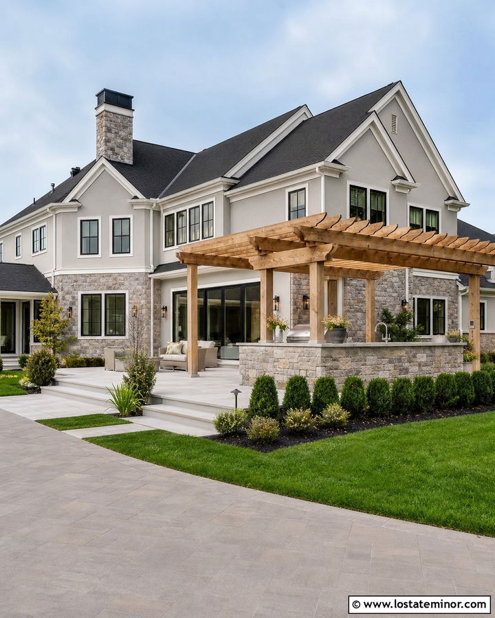 Light Grey Transitional House With Outdoor Kitchen Pergola - 30 Light Grey House Design With Pergola Ideas