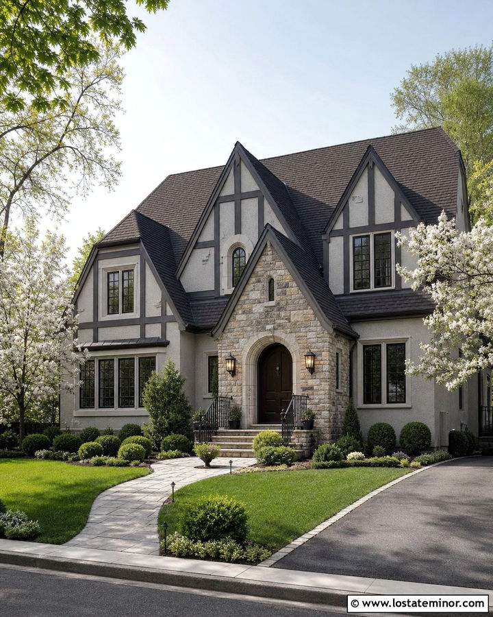 Light Grey Tudor House With Arched Front Porch - 30 Light Grey House Design With Front Porch Ideas