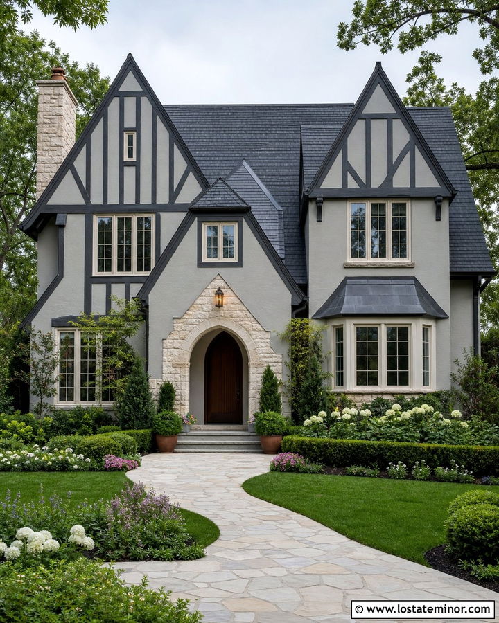 Light Grey Tudor House With Arched Portico - 30 Light Grey House Design With Portico Ideas