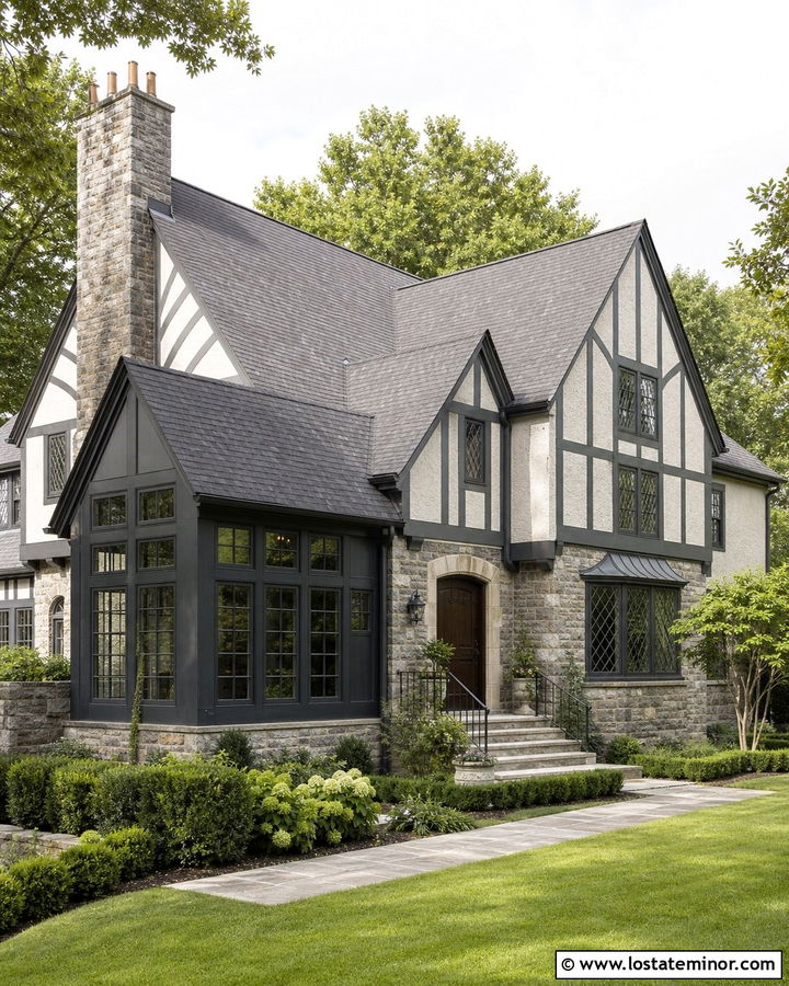 Light Grey Tudor House With Dark Framed Sunroom - 30 Light Grey House Design With Sunroom Ideas