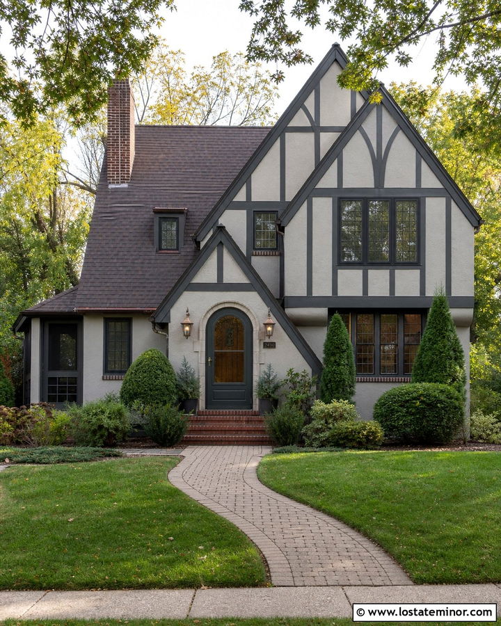 Light Grey Tudor House With Dark Green Screen Door - 30 Light Grey House Design With Screen Door Ideas
