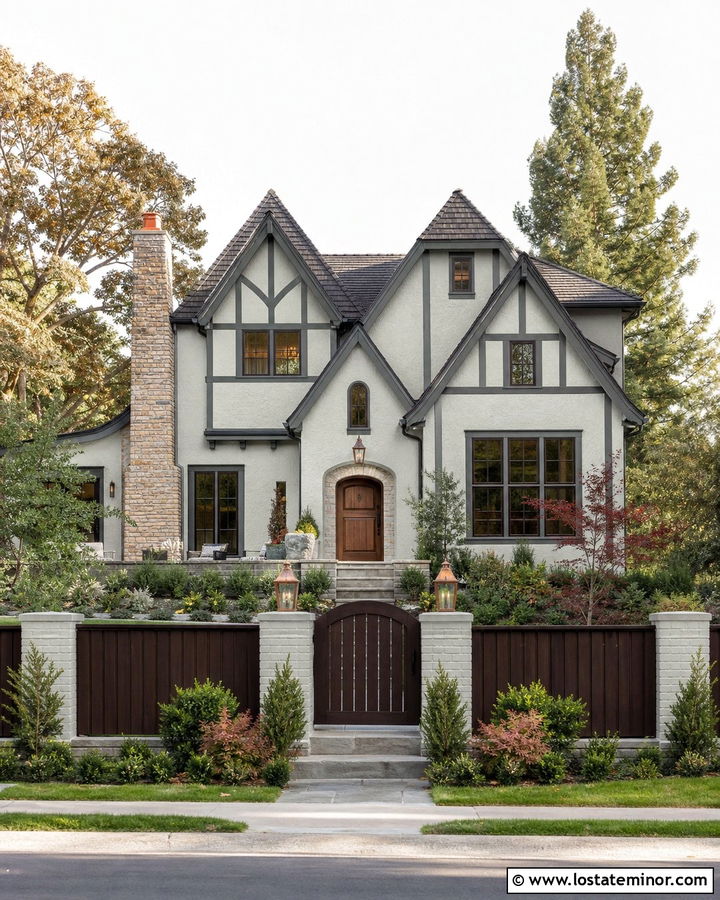 Light Grey Tudor House With Dark Wood Fence - 30 Light Grey House Design With Fence Ideas