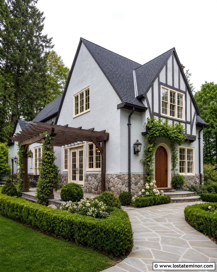 Light Grey Tudor House With Dark Wood Pergola - 30 Light Grey House Design With Pergola Ideas