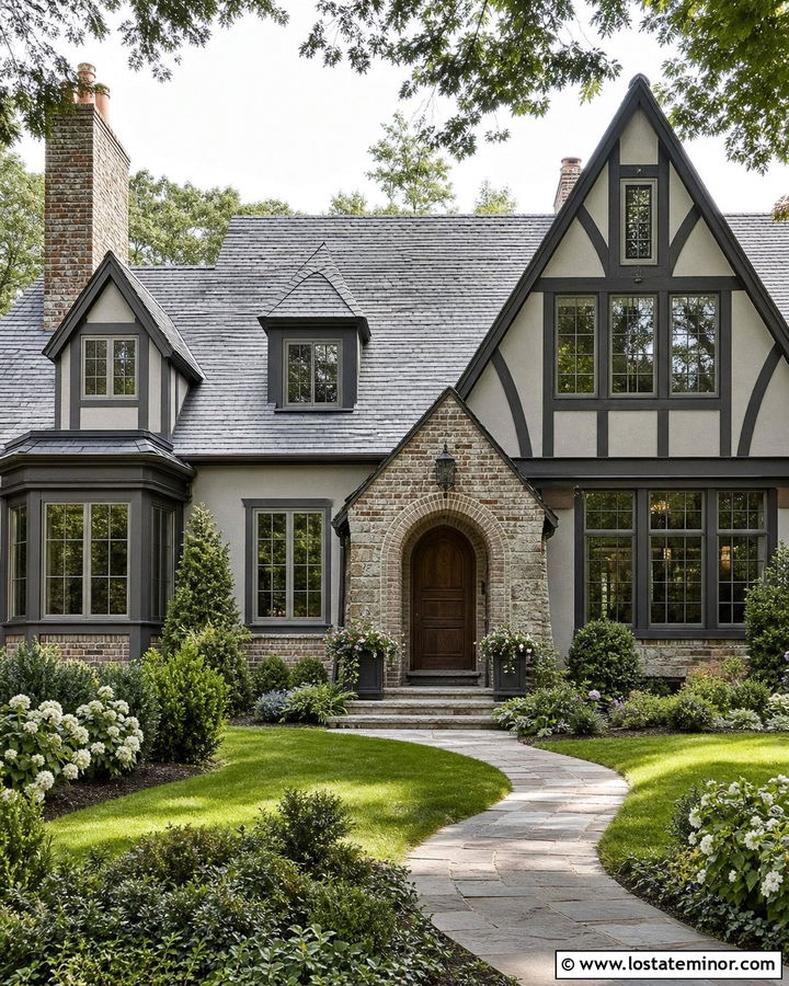 Light Grey Tudor House With Dormer Windows - 30 Light Grey House Design With Dormers Ideas