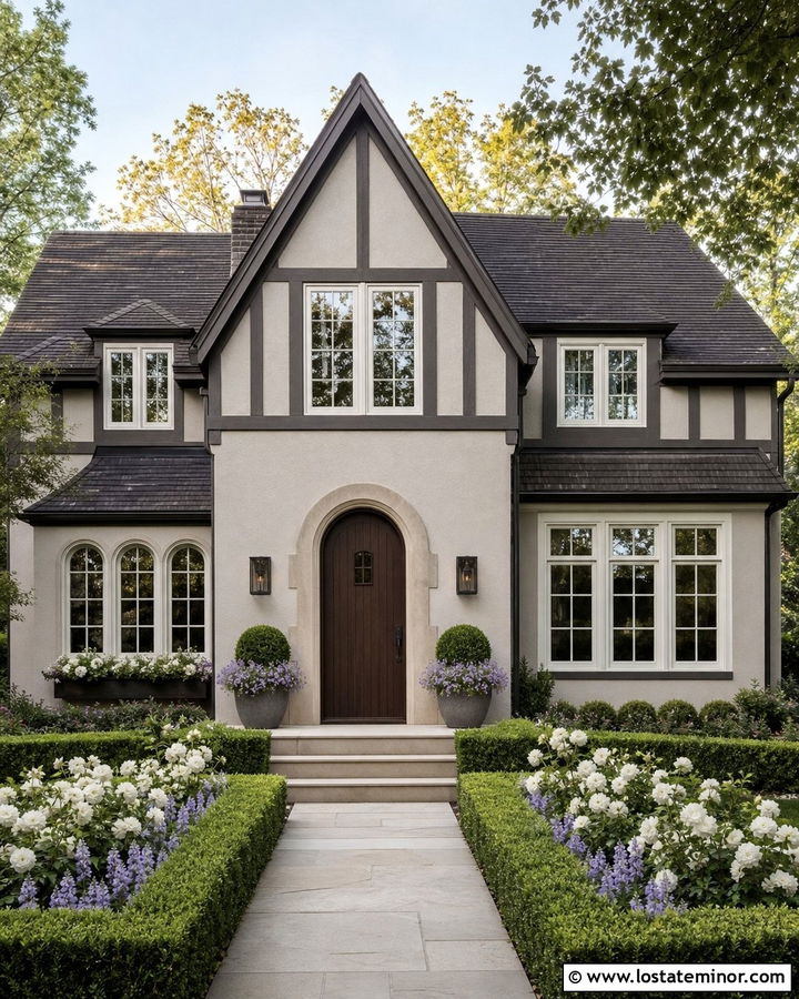 Light Grey Tudor House With Formal Boxwood Garden - 30 Light Grey House Design With Front Yard Ideas