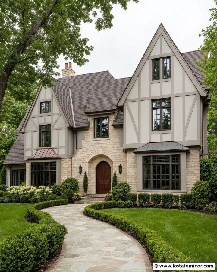 Light Grey Tudor House With Limestone - 30 Light Grey House Design With Stone Accents Ideas