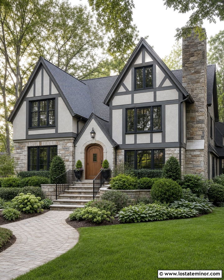 Light Grey Tudor With Black Iron Railings - 30 Light Grey House Design With Railings Ideas