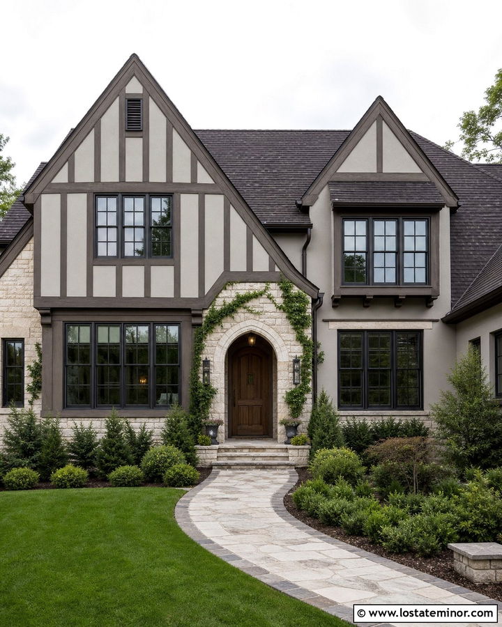 Light Grey Tudor With Bronze Window Frames - 30 Light Grey House Design With Window Frames Ideas