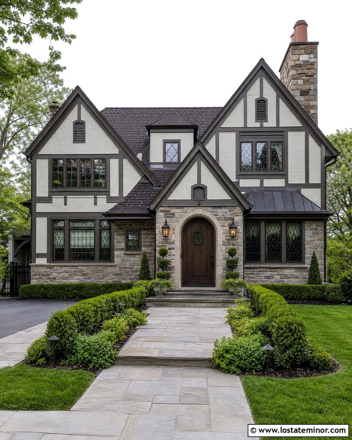 Light Grey Tudor With Dark Stone Wainscoting - 30 Light Grey House Design With Wainscoting Ideas