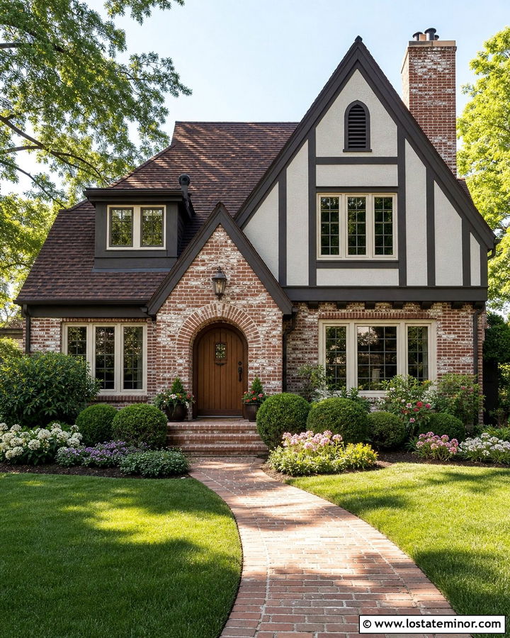 Light Grey Tudor With German Schmear Brick - 30 Light Grey House Design With Brick Accents Ideas