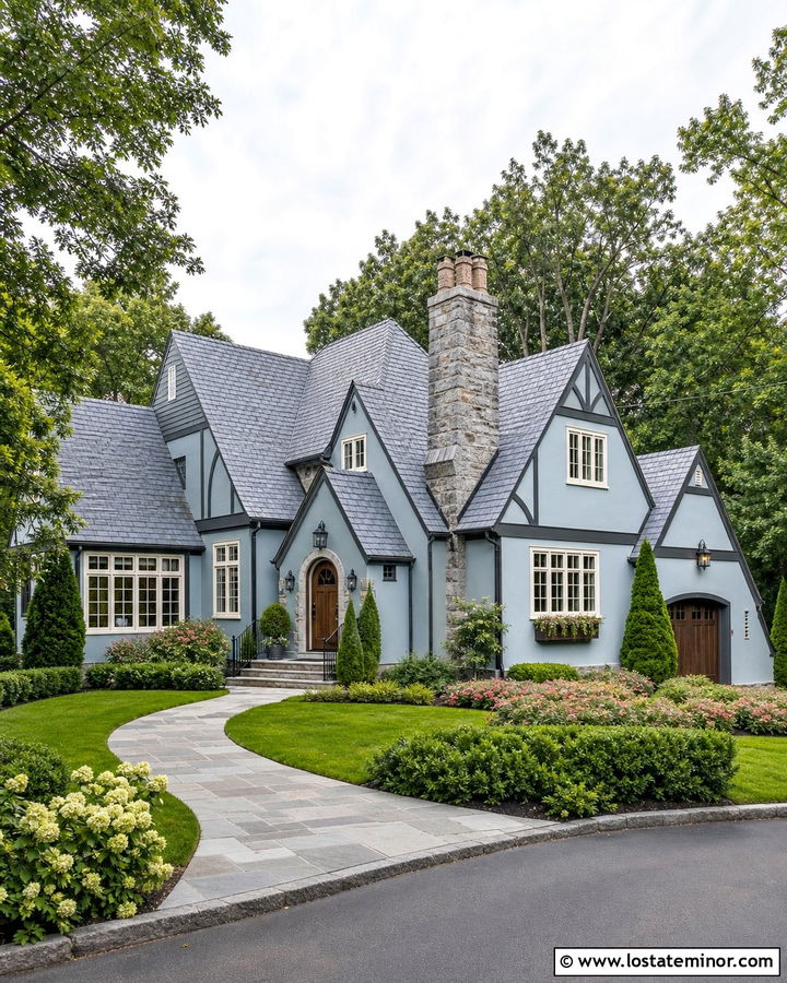 Light Grey Tudor With Leaded Glass Lanterns - 30 Light Grey House Design With Lighting Ideas