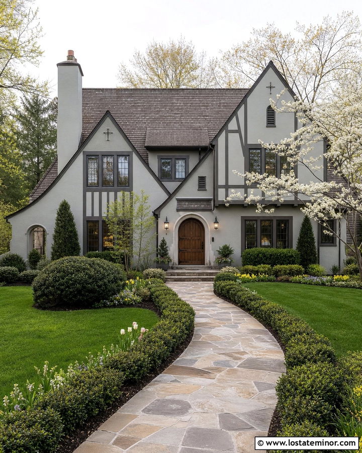 Light Grey Tudor With Leaded Glass Lanterns - 30 Light Grey House Design With Light Fixtures Ideas