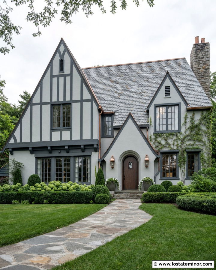 Light Grey Tudor With Slate Grey Shingles - 30 Light Grey House Design With Shingles Ideas