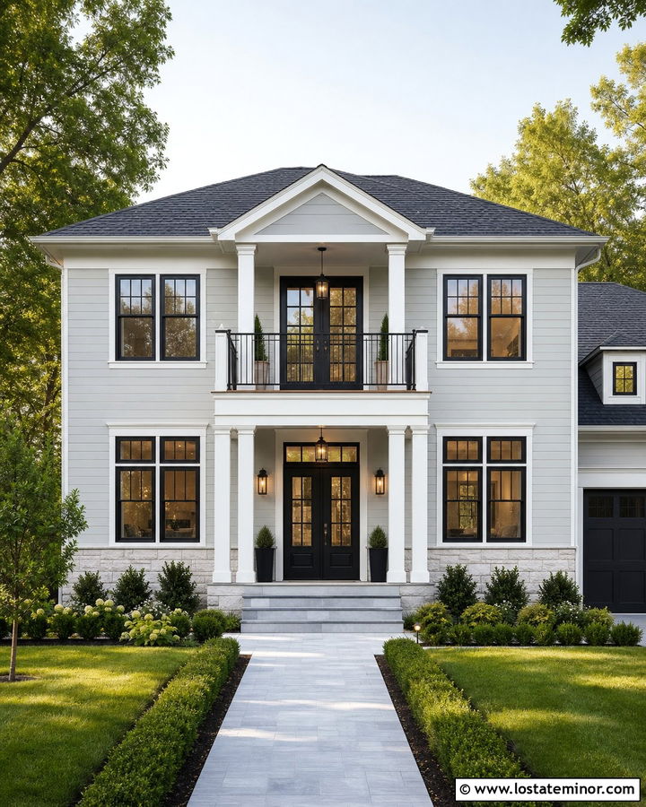 Light Grey Two Story House With Balcony Railings - 30 Light Grey House Design With Railings Ideas