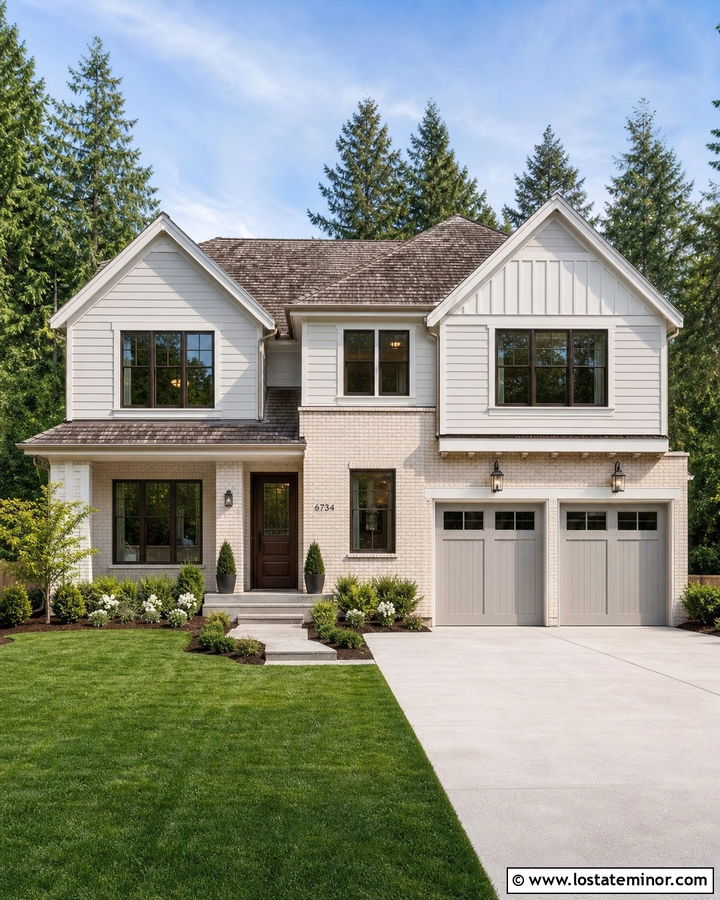 Light Grey Two Story House With Cream Brick - 30 Light Grey House Design With Brick Accents Ideas