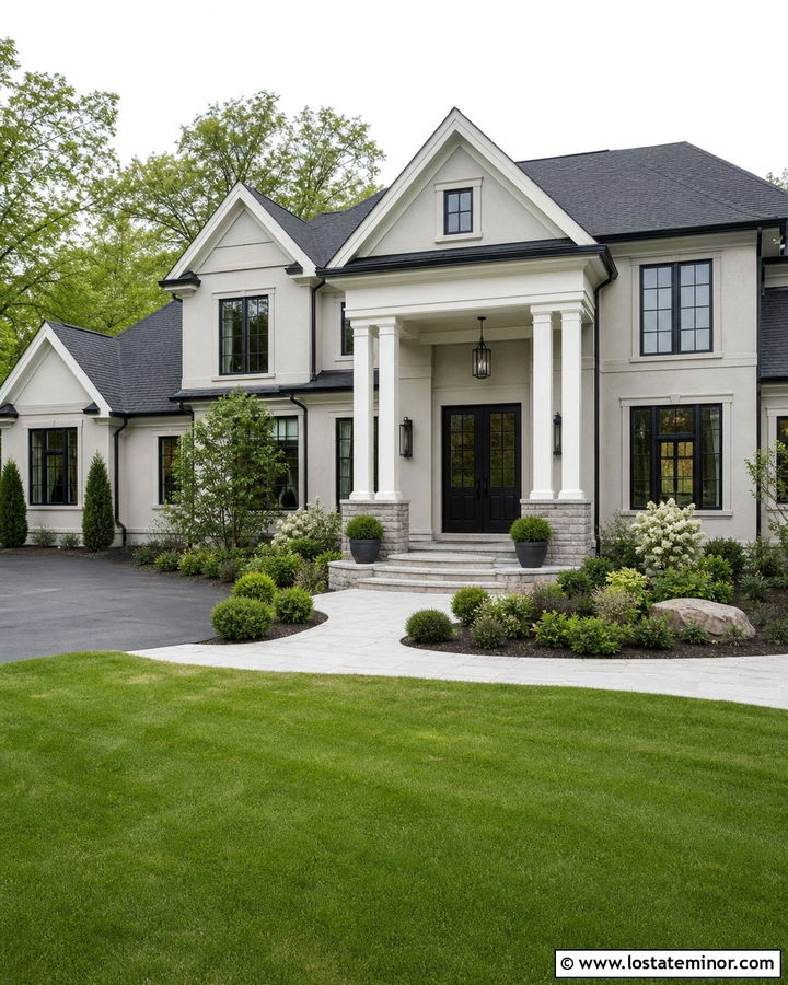 Light Grey Two Story House With Double Column Portico - 30 Light Grey House Design With Portico Ideas