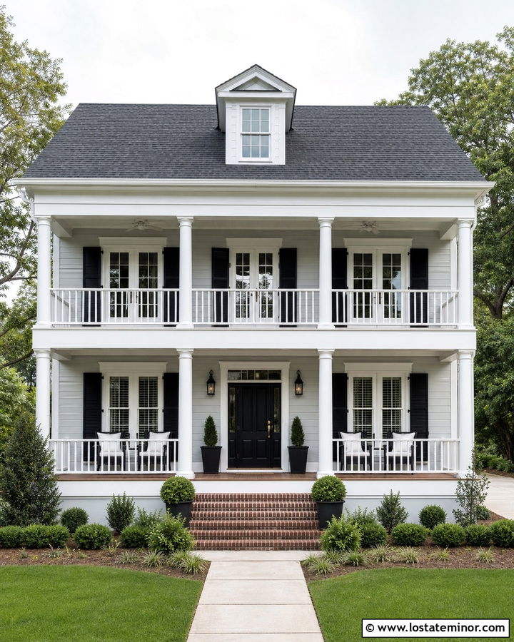 Light Grey Two Story House With Double Front Porch - 30 Light Grey House Design With Front Porch Ideas