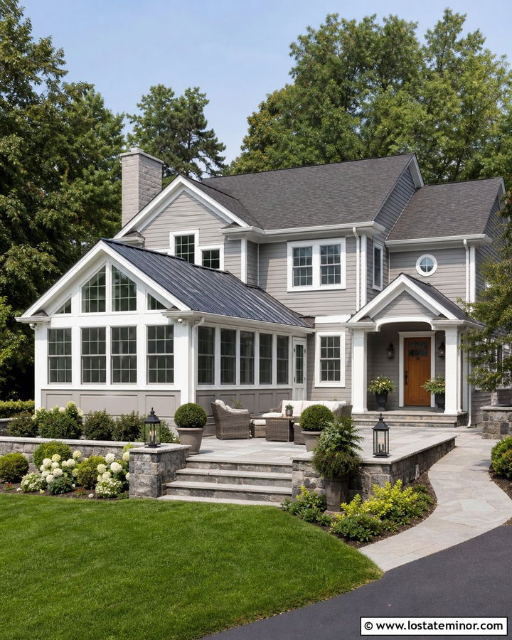 Light Grey Two Story House With Rear Sunroom - 30 Light Grey House Design With Sunroom Ideas