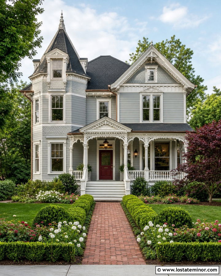 Light Grey Victorian House With Decorative Gables - 30 Light Grey House Design With Gables Ideas