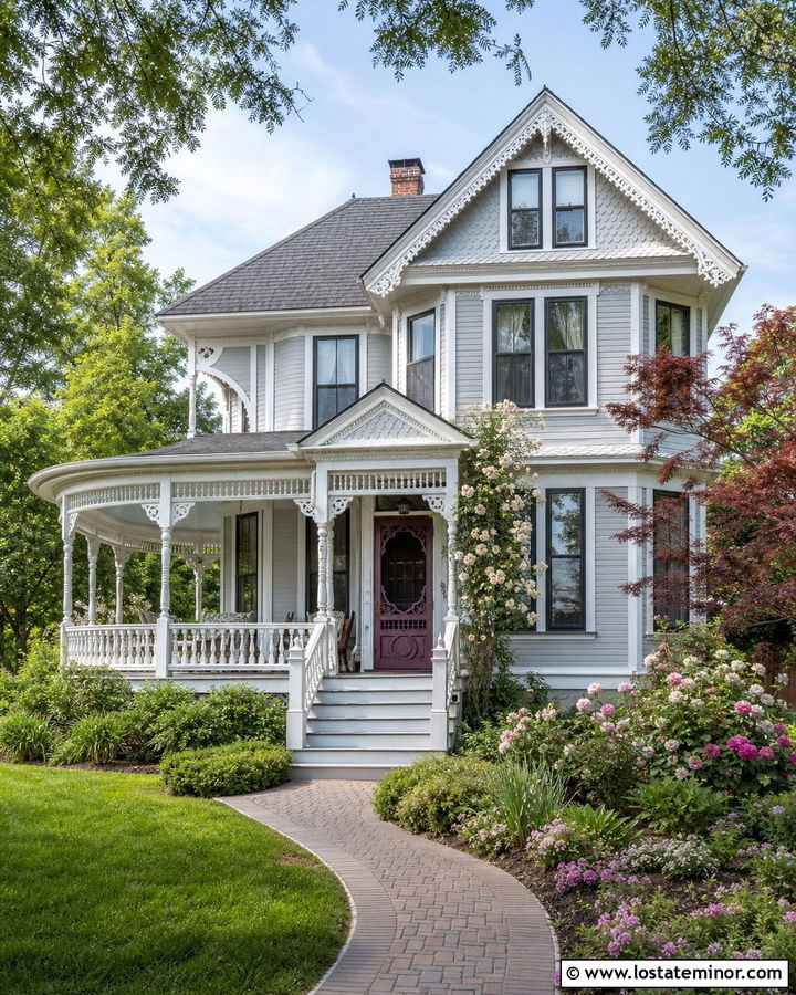 Light Grey Victorian House With Decorative Screen Door - 30 Light Grey House Design With Screen Door Ideas