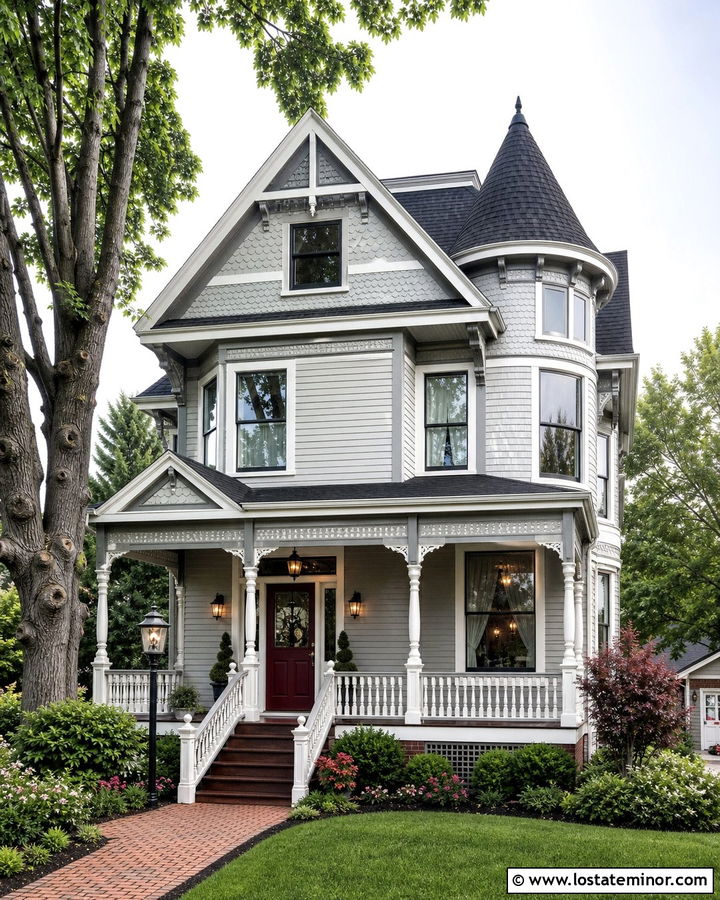 Light Grey Victorian House With Detailed Front Porch - 30 Light Grey House Design With Front Porch Ideas
