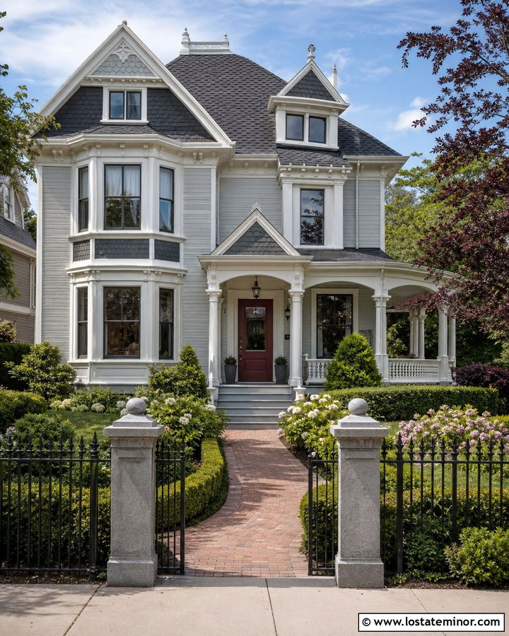 Light Grey Victorian House With Iron Fence - 30 Light Grey House Design With Fence Ideas