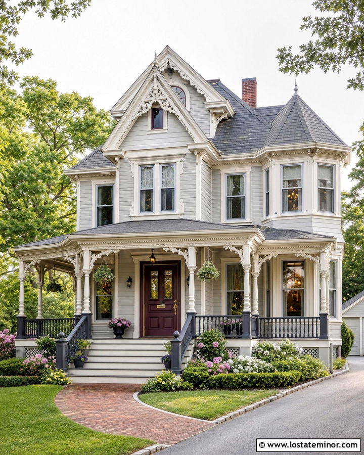 Light Grey Victorian House With Plum Front Door - 30 Light Grey House Design With Front Door Ideas