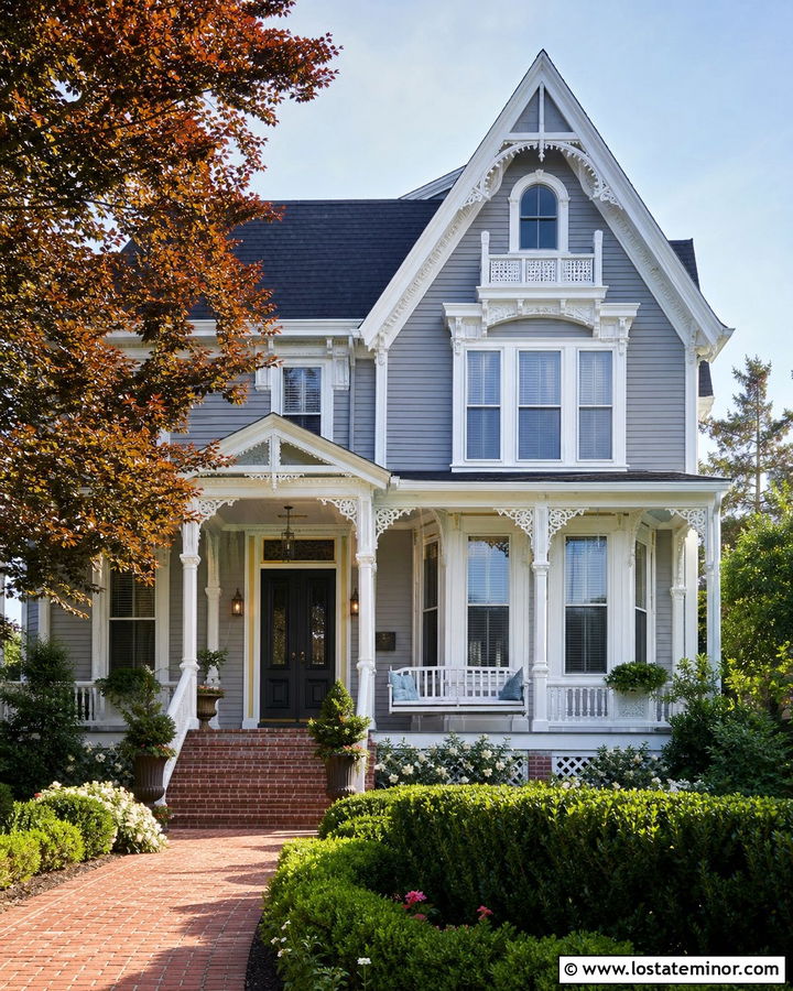 Light Grey Victorian House With Spindle Swing - 30 Light Grey House Design With Swing Ideas