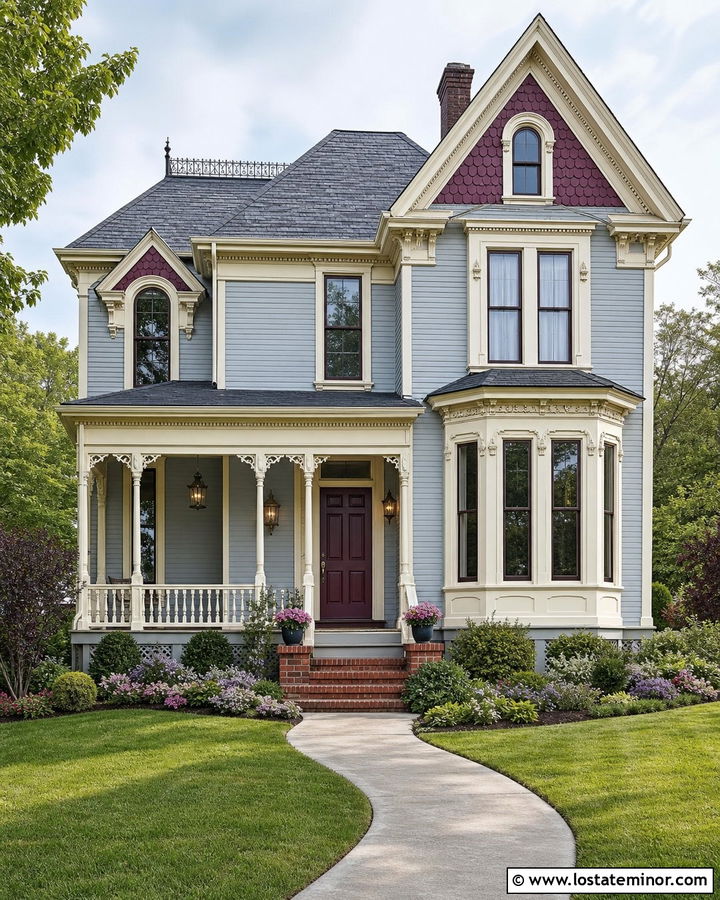 Light Grey Victorian With Antique Brass Lanterns - 30 Light Grey House Design With Light Fixtures Ideas