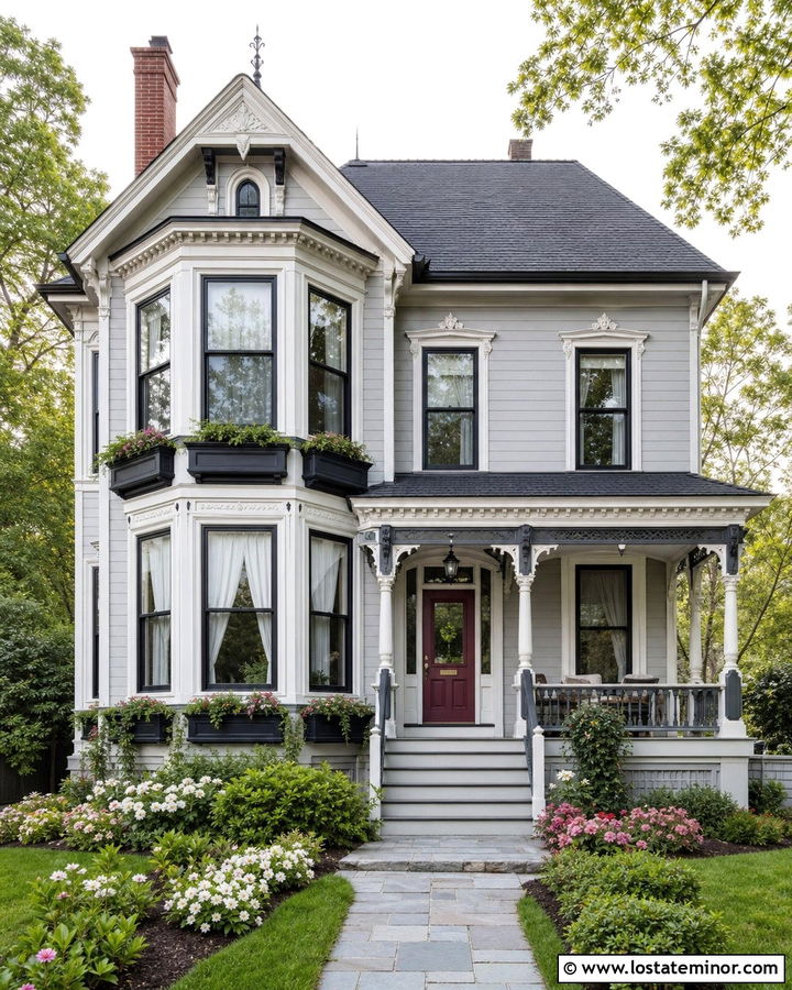 Light Grey Victorian With Black Window Boxes - 30 Light Grey House Design With Window Boxes Ideas