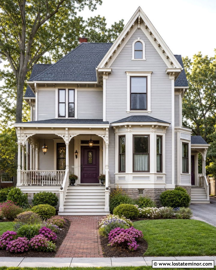 Light Grey Victorian With Traditional Lanterns - 30 Light Grey House Design With Lighting Ideas